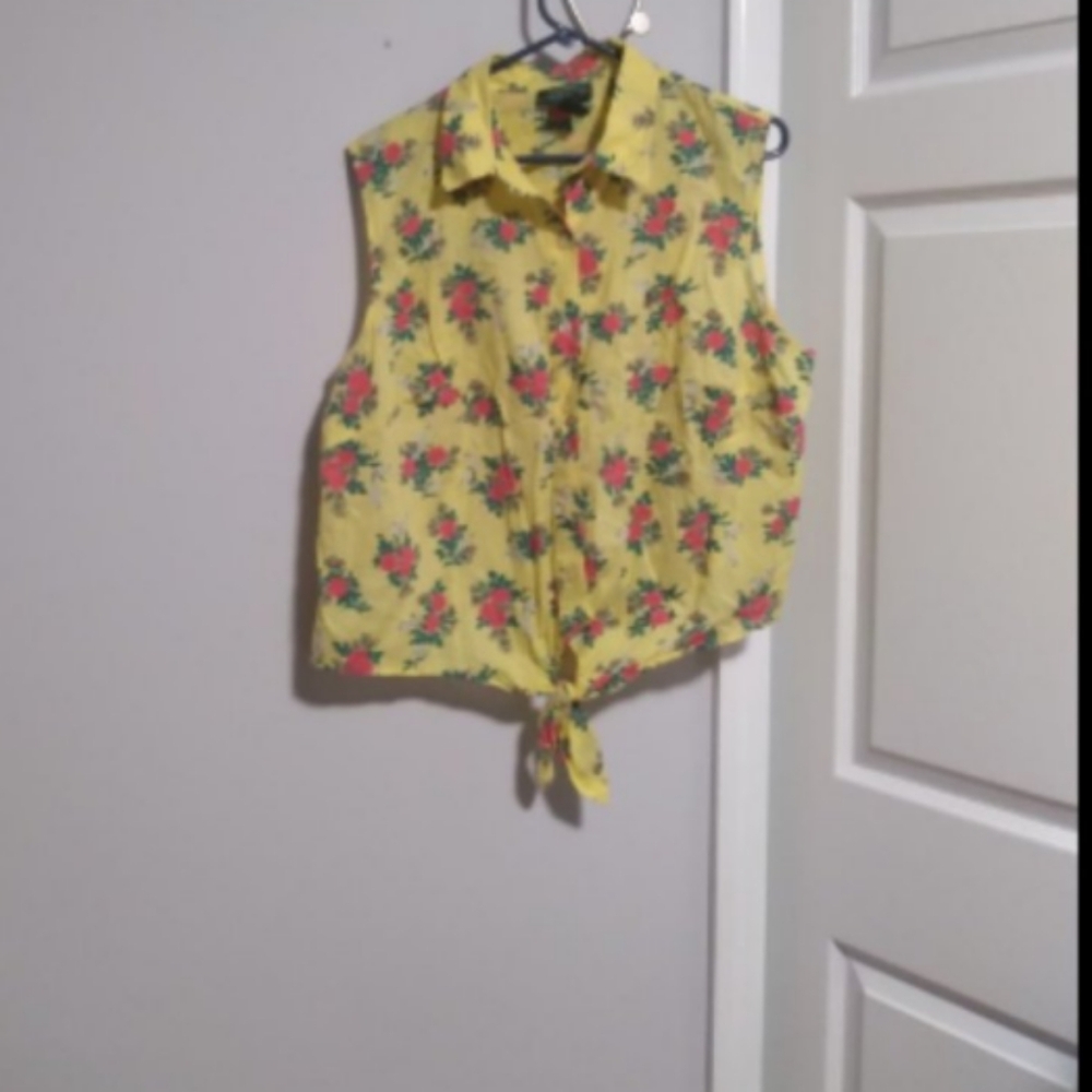 Ralph Lauren Womens Yellow Floral Tie Front Sleeveless Top Sz 2X